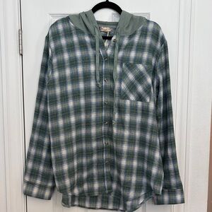 NWT Hem & Thread Green/Blue Flannel Plaid Button Down Shirt with Hood
